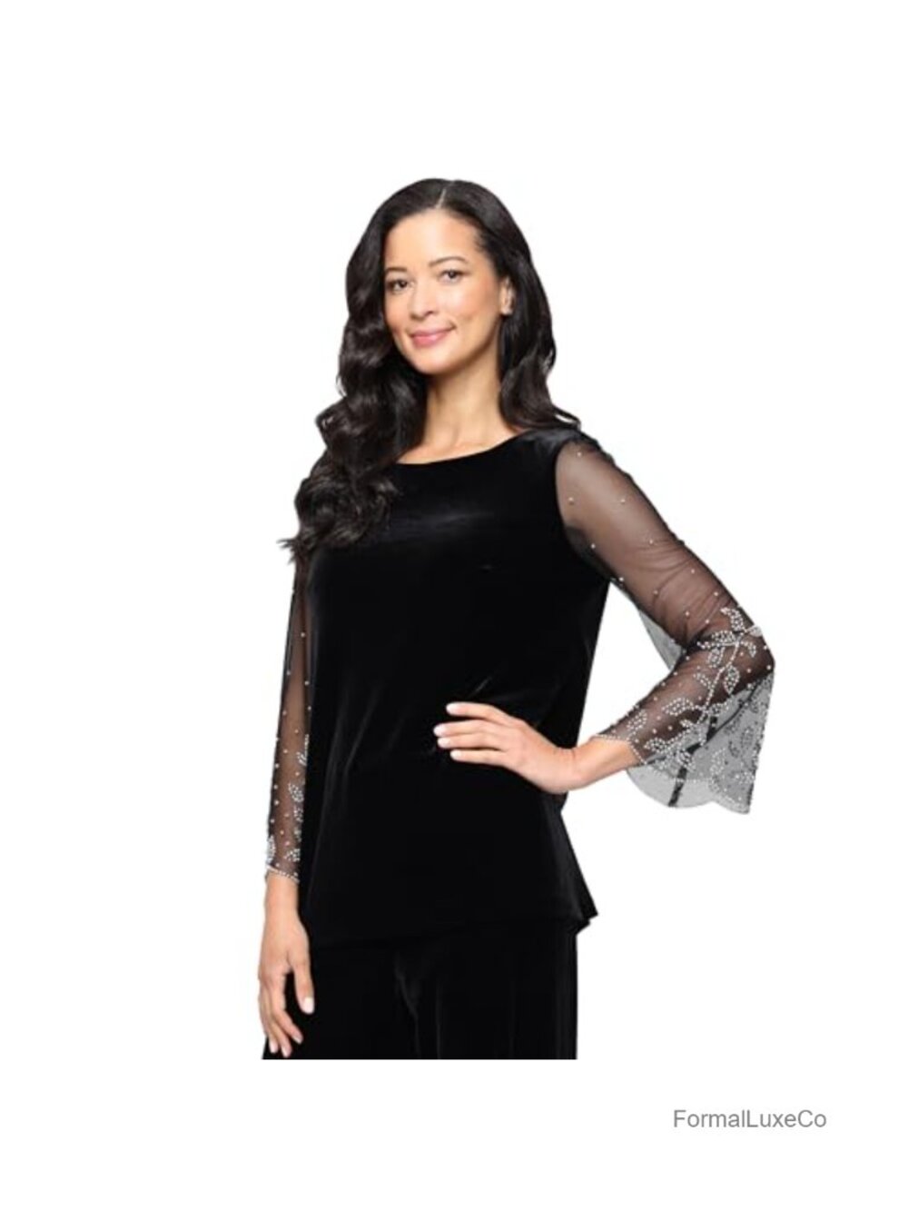Stretch Velvet Blouse with Beaded Illusion Sleeves & Ruched Waist
